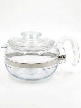 Vintage Pyrex Flameware 6 Cup Glass Teapot 8446 Stainless Band Clear